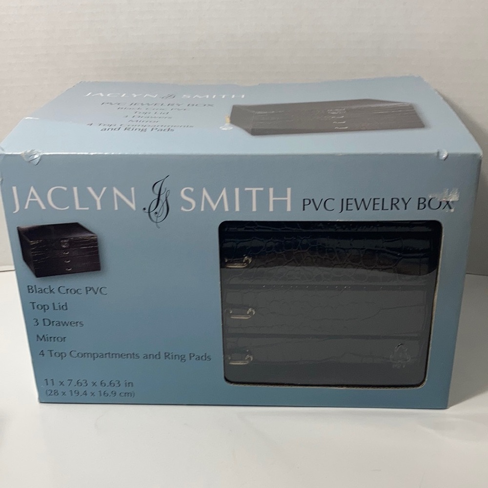 Jaclyn Smith PVC Jewelry Box Black Croc PVC Mirror 3 Drawers 4 Top Compartments